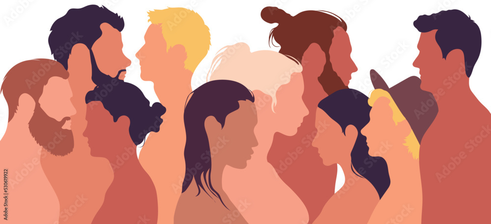 An invitation to friendship and diversity. Multi-ethnic and multiracial people. The concept of racial equality and anti-racism. A flat cartoon profile of men, women and girls from various cultures. An invitation to friendship and diversity. Multi-ethnic and multiracial people. The concept of racial equality and anti-racism. A flat cartoon profile of men, women and girls from various cultures.