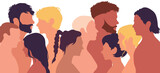A multicultural society. Graphics of men and women of diverse cultures in a flat cartoon profile. A concept of racial equality and anti-racism.