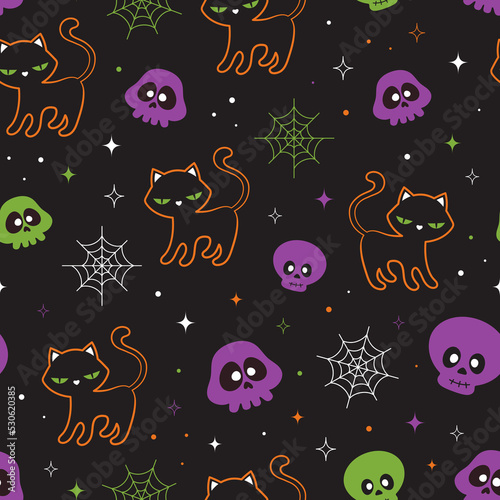 halloween seamless pattern with colored skulls and black cat