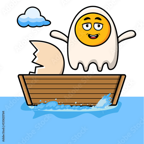 cute cartoon fried eggs get on boat in vector character illustration