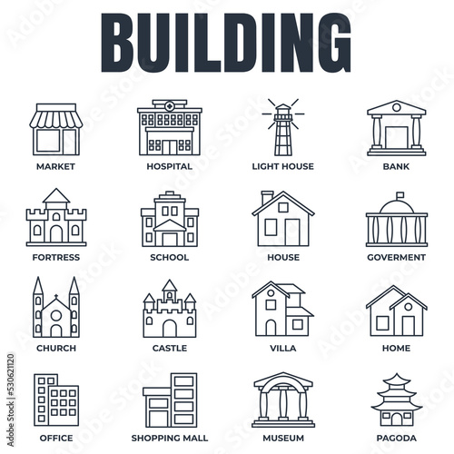 Set of Building icon logo vector illustration. bank, shopping mall, castle, fortress, hospital, house and more pack symbol template for graphic and web design collection © ABDUL