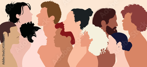 Several isolated coloured flat cartoon people talking in a crowd. Multiple exposures, conferences or debates. Friends communicating or comparing notes.