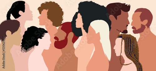The dialogue of people, the collared cartoon profiles, and the multiple exposures of the crowd.