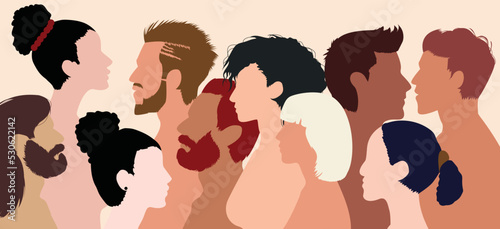Several cartoons showing men and women of various cultures and countries. Multicultural diversity, racial equality, unity and harmony between communities.
