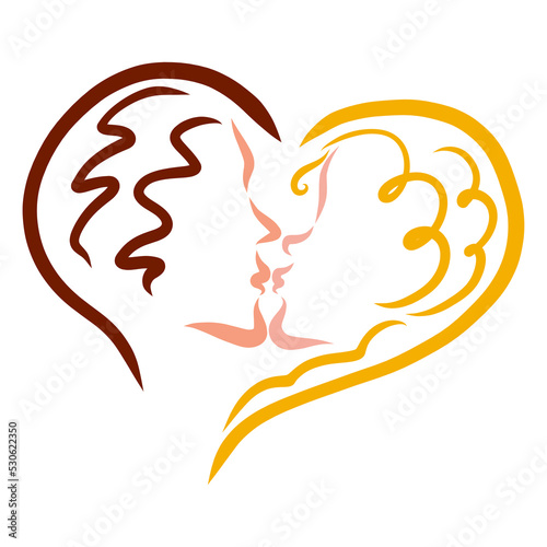 kiss of a young couple in love, two halves of one heart, colorful abstract pattern on a white background