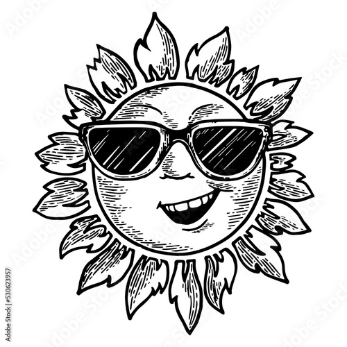 Cartoon sun in sunglasses sketch engraving PNG illustration with transparent background