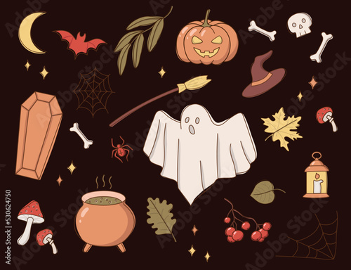 Vector collection of autumn halloween icons: pumpkin, ghost, moon, bat, spider, pot, sceleton, rowan, fallen leaves, mushrooms, web, candle, coffin, broomstick, bones. October set of holiday season