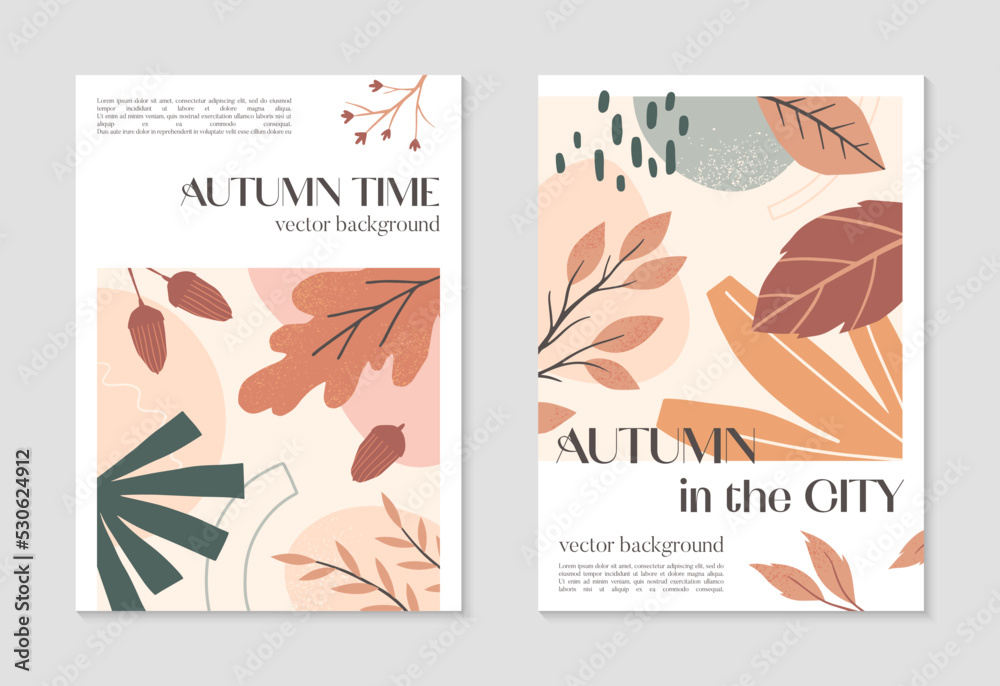 Autumn creative posters with organic various shapes,foliage and copy space for text.Modern designs for social media marketing,covers,invitations,placard,brochure.Trendy fall vector illustrations.