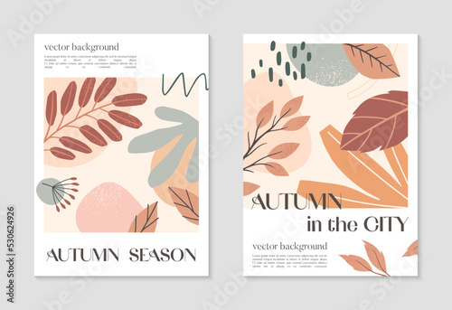 Autumn creative posters with organic various shapes,foliage and copy space for text.Modern designs for social media marketing,covers,invitations,placard,brochure.Trendy fall vector illustrations.