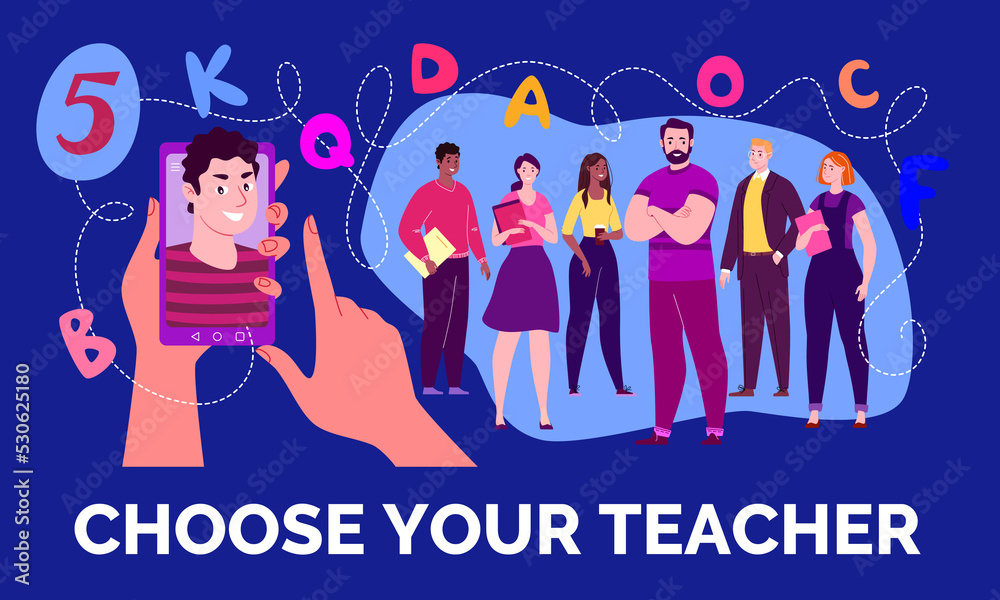 Fototapeta premium Digital technologies. Mobile application, online learning platform, websites. Choice of tutor. Raster illustration in cartoon style.