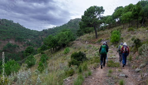 Hikers walking along a path in the Sierra de Almiijara and Tejeda with pine trees and a cloudy stormy sky