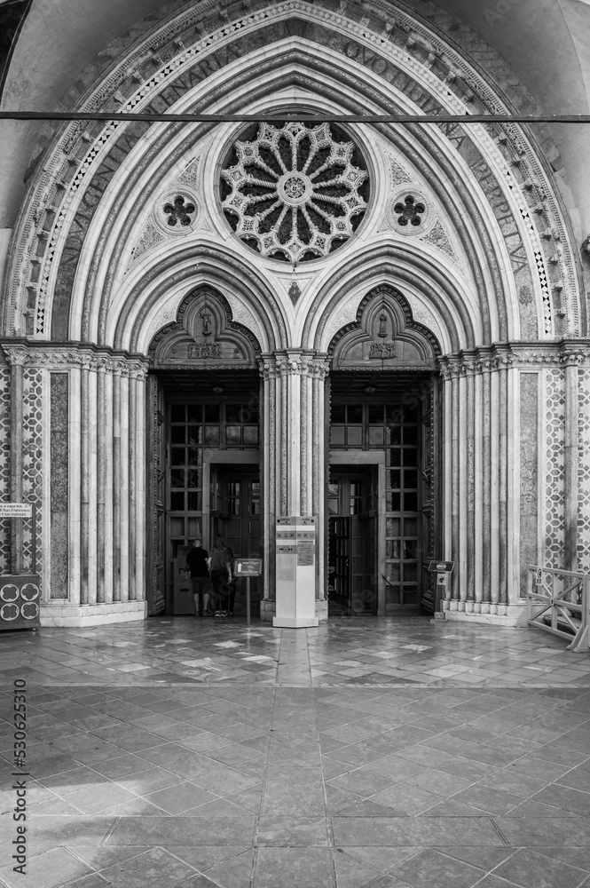 Ancient Papal basilica of San Francesco of Assisi. Art and religion. Black and white