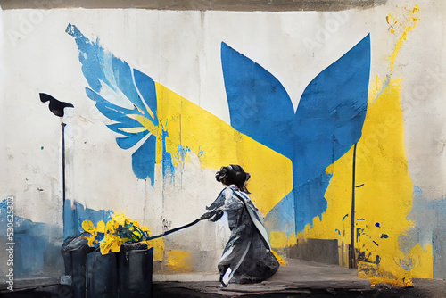 Graffiti of a girl and freedom dove with Ukrainian flag colors