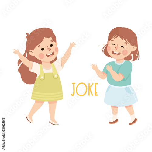 Little Girl Joking Demonstrating Vocabulary and Verb Studying Vector Illustration