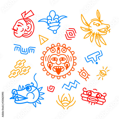 Maya tribal signs - colorful line design style illustration set