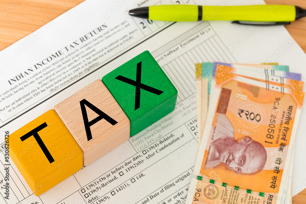 India Tax Return, Personal Form, Tax Wooden Blocks, Indian Rupee File, Concept, India Tax System