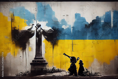 Graffiti of a monument with Ukrainian flag colors
