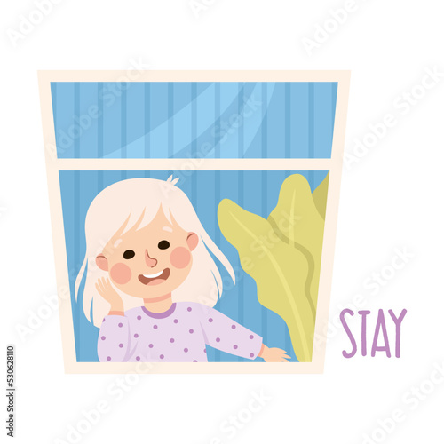 Little Blond Girl Staying Home Looking Out of Window as Demonstration of Vocabulary and Verb Studying Vector Illustration