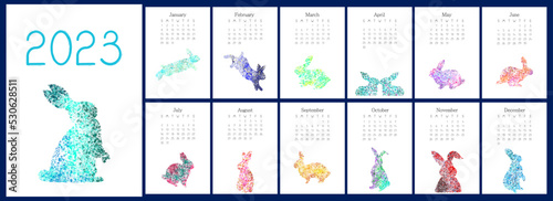 Creative vector vertical calendar 2023. Week starts in Sunday. Set of 12 pages and cover with symbol of the year rabbit.