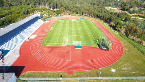 Aerial view of the Manuela Machado Municipal Stadium  nearby Viana do Castelo  Portugal. Consisting of a stadium football field with synthetic turf and an athletics track with ten tracks.