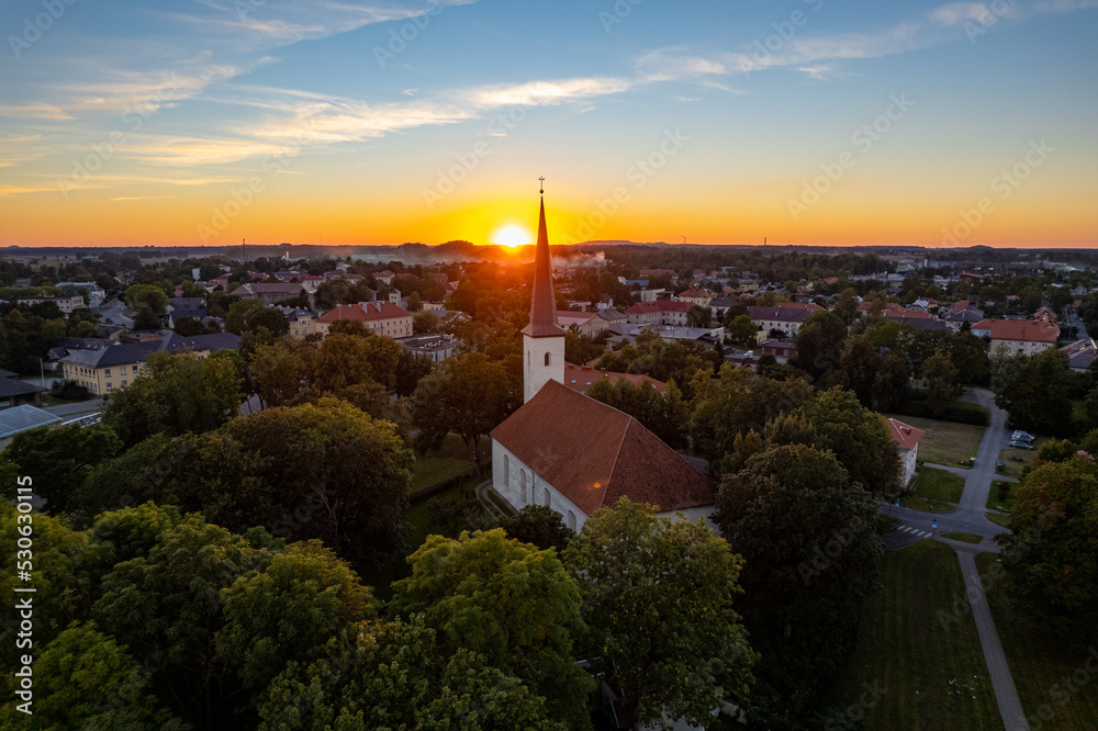 Panoramic view of Catholic Church in Johvi city, Estonia. Drone photography. Cityscape