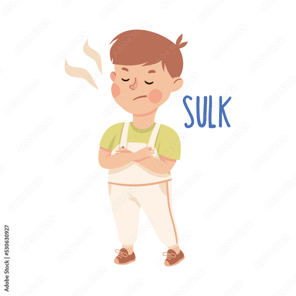 Little Boy Sulking Standing with Grumpy Face as Demonstration of Vocabulary and Verb Studying Vector Illustration Little Boy Sulking Standing with Grumpy Face as Demonstration of Vocabulary and Verb Studying Vector Illustration