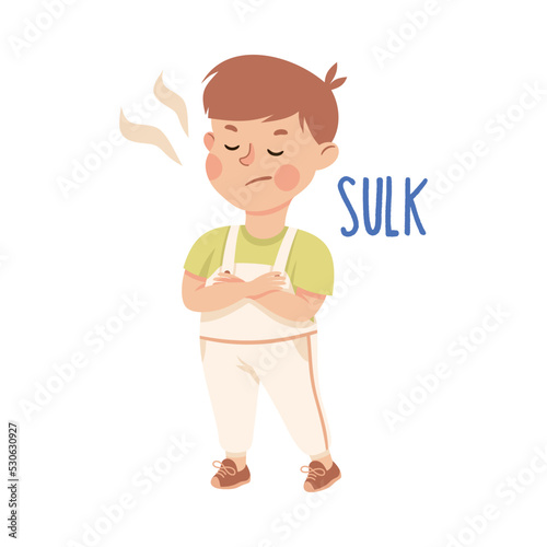 Little Boy Sulking Standing with Grumpy Face as Demonstration of Vocabulary and Verb Studying Vector Illustration