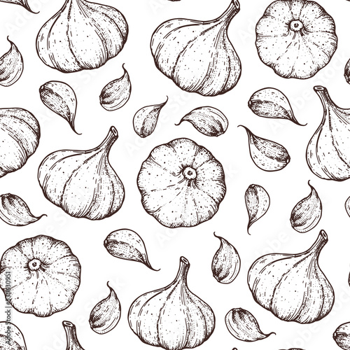 Garlic seamless pattern. Hand drawn background. Vector illustration. Hand drawing sketch illustration. Garlic spice hand drawn backdrop.