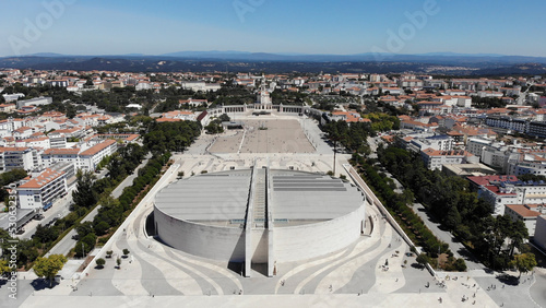 Aerial view of the Basilica of Our Lady of the Rosary of Fatima, the Basilica of the Most Holy Trinity, and Chapel of the Apparitions in Fatima, Portugal.