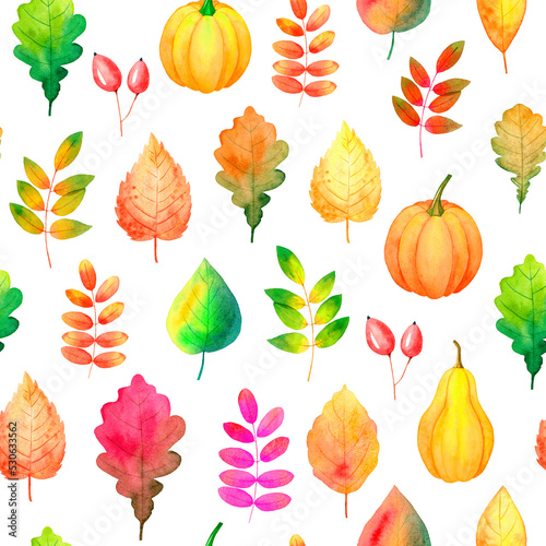 Seamless pattern gifts of autumn. Pumpkin. Watercolor leaves.