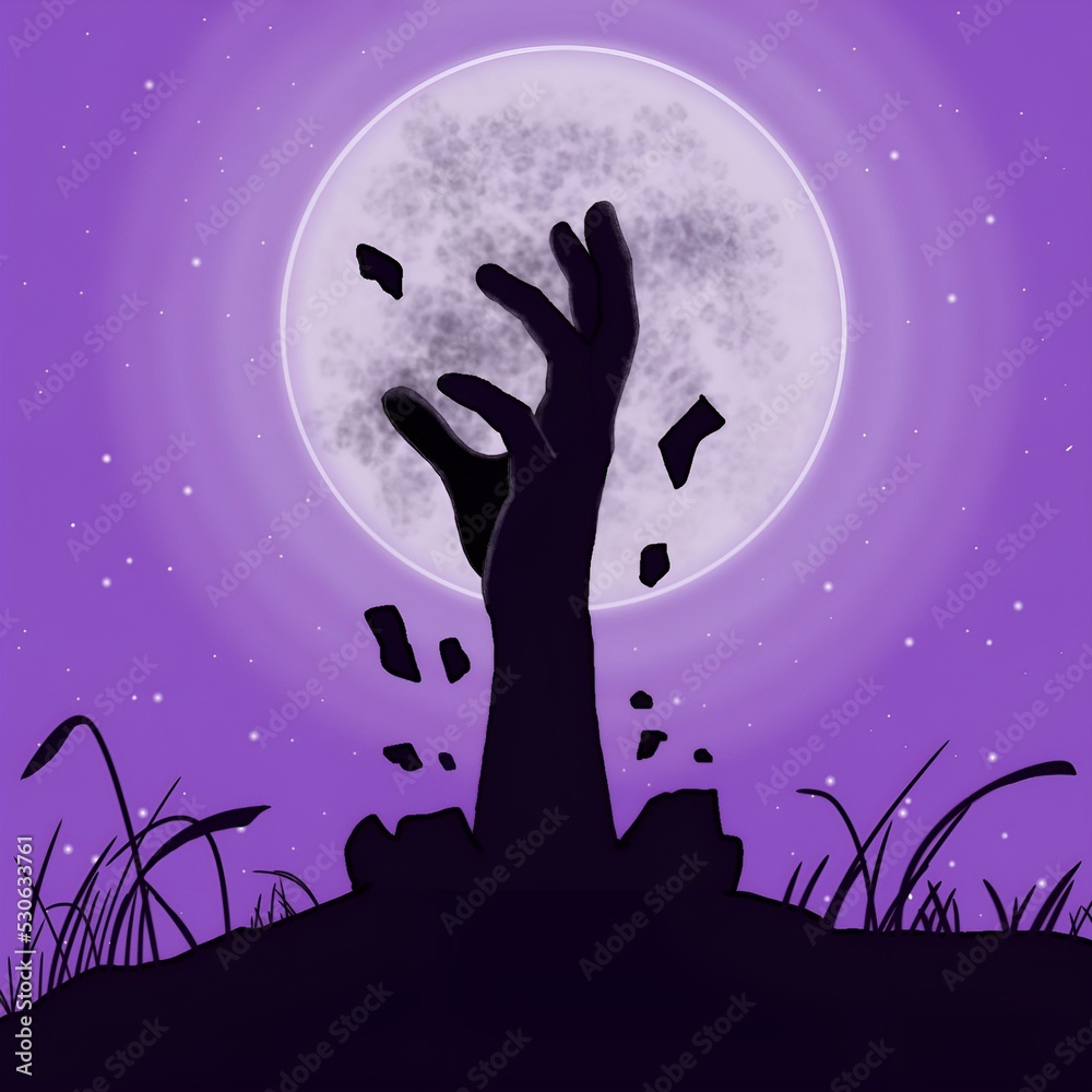 halloween background with black silhouette of hand coming out of tomb, full moon and purple starry sky