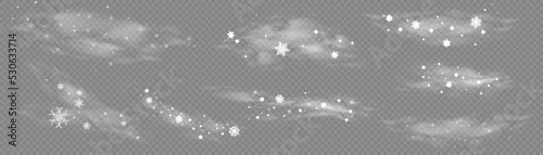 Cold wind with snow blow, winter weather with white smoke flying snowflakes. Christmas effect of a cold blizzard. Freezing breath curve trails. Flow snowy smoky stream, icy vapor. Vector illustration