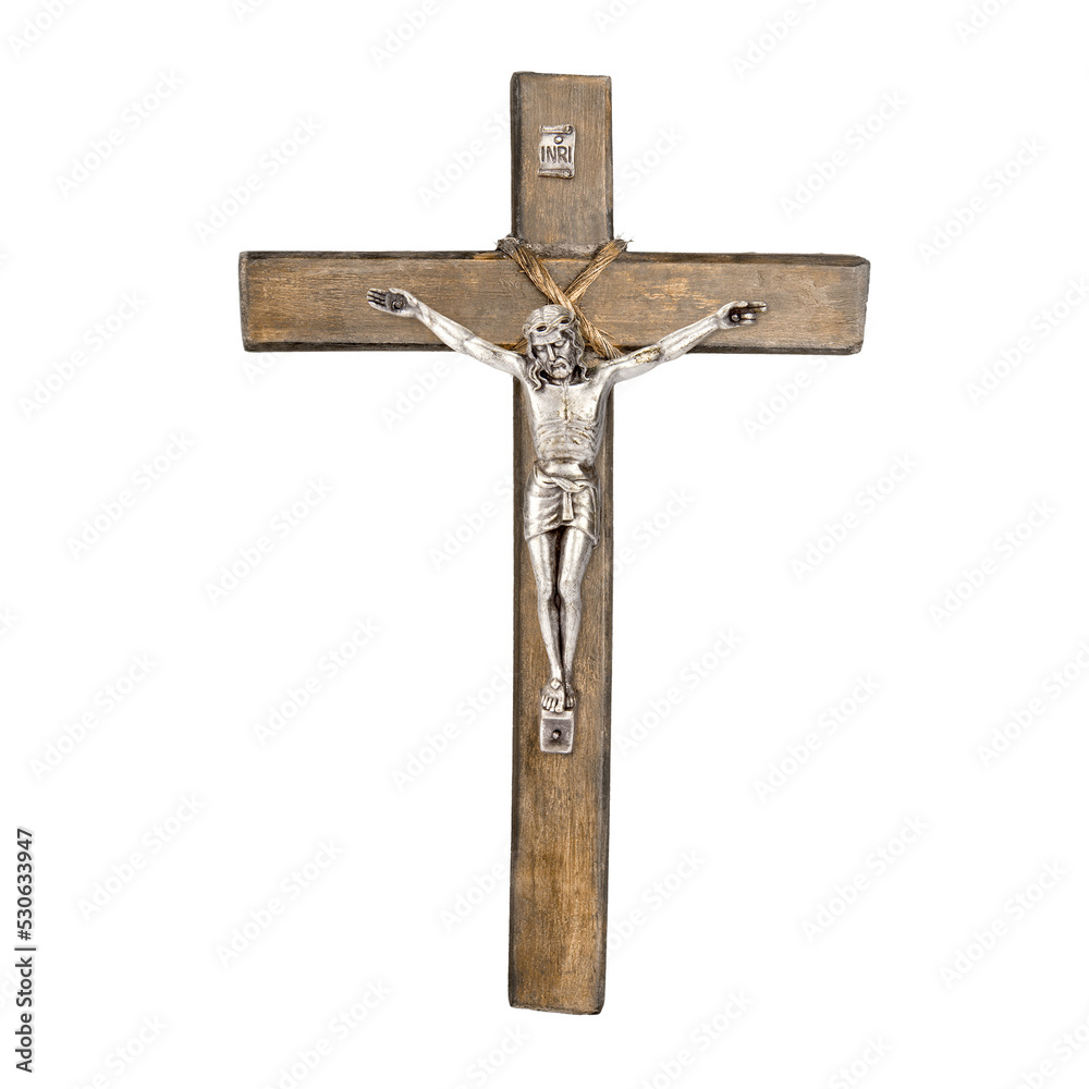 Wooden Christian crucifix of Jesus Christ isolated