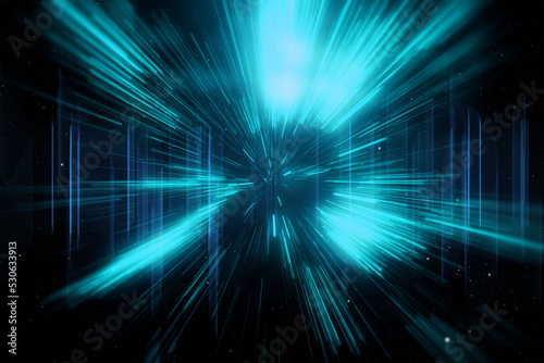 Abstract science fiction outer space flight in space hyper jump. Hyper warp space speed in the tunnel. Data flow tunnel, or time travel concept. 3D illustration
