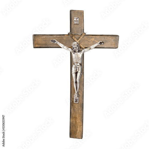 Leinwand Poster Wooden Christian crucifix of Jesus Christ isolated