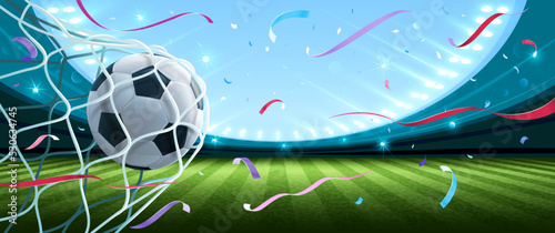 Hitting a soccer ball in a net with bright highlights and falling confetti. Soccer championship in the arena. Vector illustration