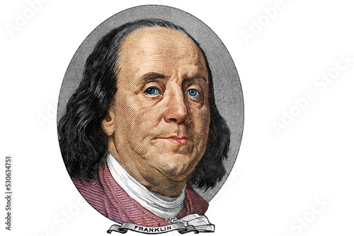 Foto Benjamin Franklin cut on old 100 dollars banknote isolated on white background