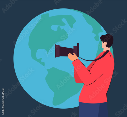 Travel blogger with camera in front of planet. Globe, cameraman taking photos flat vector illustration. Tourism, traveling, vacation, blogging concept for banner, website design or landing web page