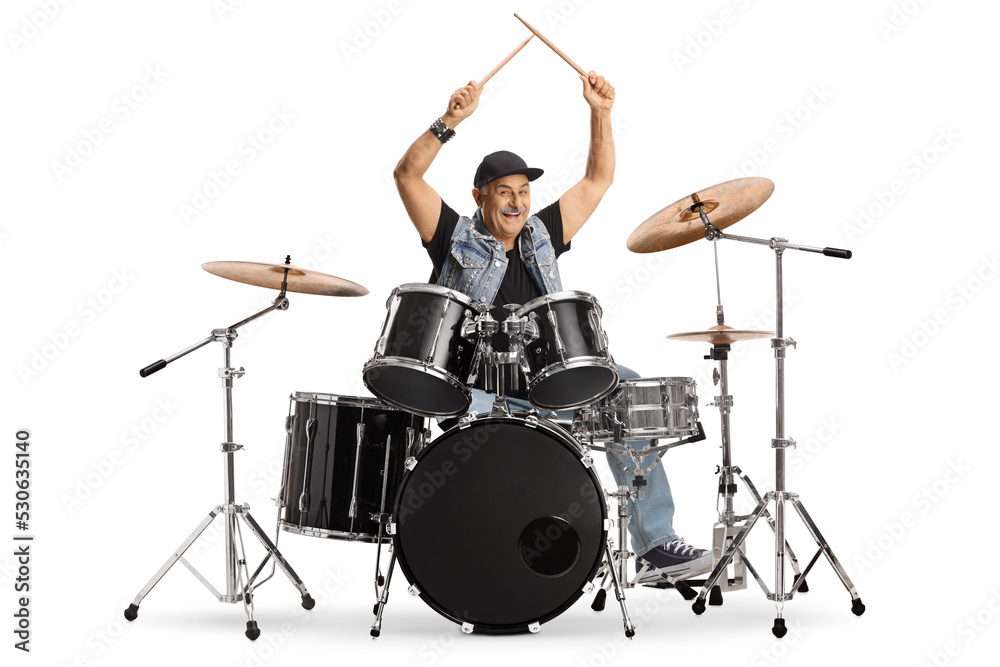 Fototapeta premium Cheerful mature drummer with drumsticks up