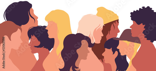 Women and girls communicating and sharing information on social networks and communities. Female diversity. Head face profile.