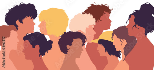 Introducing your head face profile. Social network community for women. Diversity of cultures. Multi-ethnic and intercultural group of women and girls.