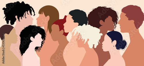 Women social network community and Face head. Monochrome side group multiethnic diversity women and girl who talk. Communication and sharing female friendship and of diverse culture.