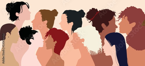 Social network for women and girls. Communication and female friendship of diverse cultures. Groups of women and girls with multiple ethnic identities discussing and sharing ideas.
