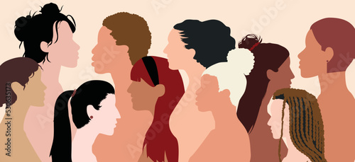 Women and girls communicating and sharing information on social networks and communities. Female diversity. Head face profile.