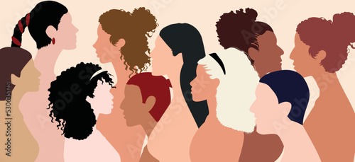 Introducing your head face profile. Social network community for women. Diversity of cultures. Multi-ethnic and intercultural group of women and girls.
