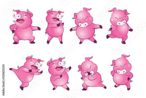 Cute pigs cartoon character cheerful funny dancing many actions