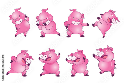 Cute pigs cartoon character cheerful funny dancing many actions