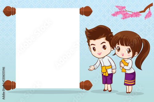 Thai character in traditional costume Sawasdee and welcome presenting traditional thai dessert set