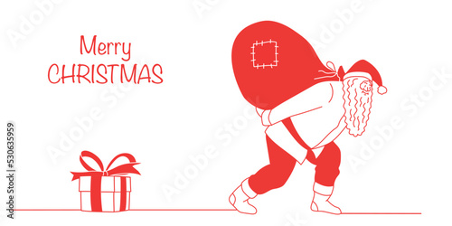 Santa Claus carries a heavy bag full of gifts. Retro style.