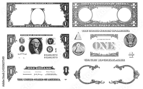 Billede på lærred textured 1 US dollar banknote. Elements on transparent background